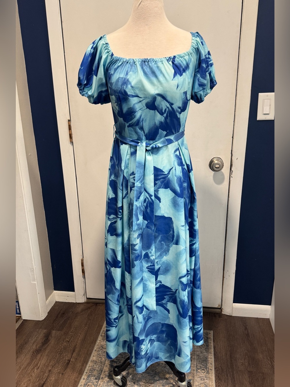 Blue Floral Puff-Sleeve Maxi Dress-shoulder or arms sleeve placement